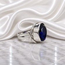 Blue Sapphire Round Gemstone925 Sterling Silver Handmade Ring For Gift Her Women