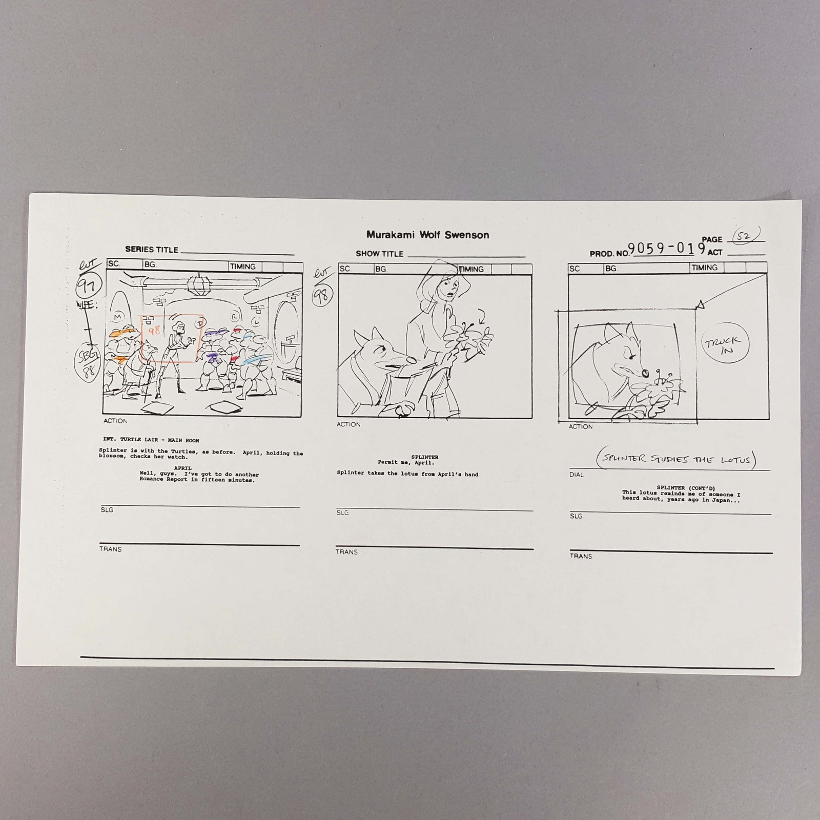 TMNT Production Used Storyboard Splinter Takes Lotus Blossom From April, COA