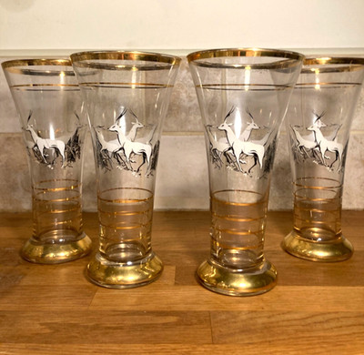 Vintage MCM 4 weiße Antilopen gold vergoldet Trompete Pils Gläser sehr guter Zustand
