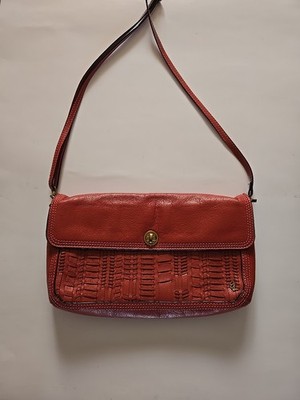 Elliott Lucca Leather Crossbody Purse Coral Woven.  Turn Lock.  Slim Shoulder 