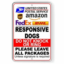 Responsive Dogs Do Not Knock Or Ring Leave All Packages Sign METAL usps SI062