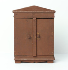 Antique German Dollhouse Dark Stain Cabinet Original Papered Interior Miniature