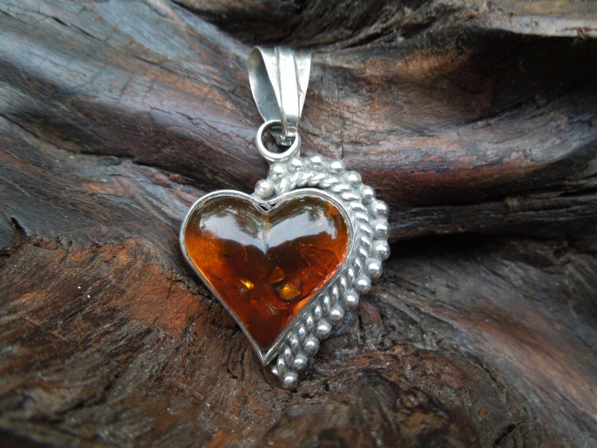 Large Sterling Silver Heart Shaped Carved Amber Abstract Heart Pendant