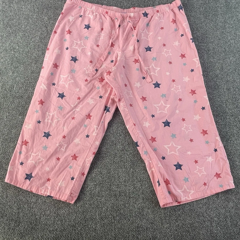 Calça pijama Nick & Nora feminina GG rosa com vermelho branco azul estrelas algodão Capri - Imagem 4 de 4