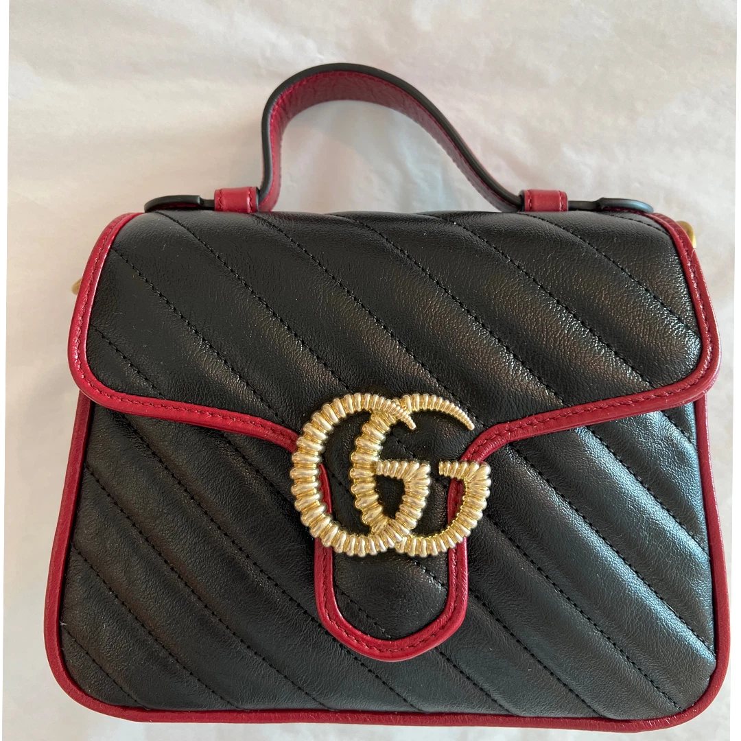 Gucci Marmont Black GG Mini Gold Red Italy Top Handle Small Bag Quilted NEW