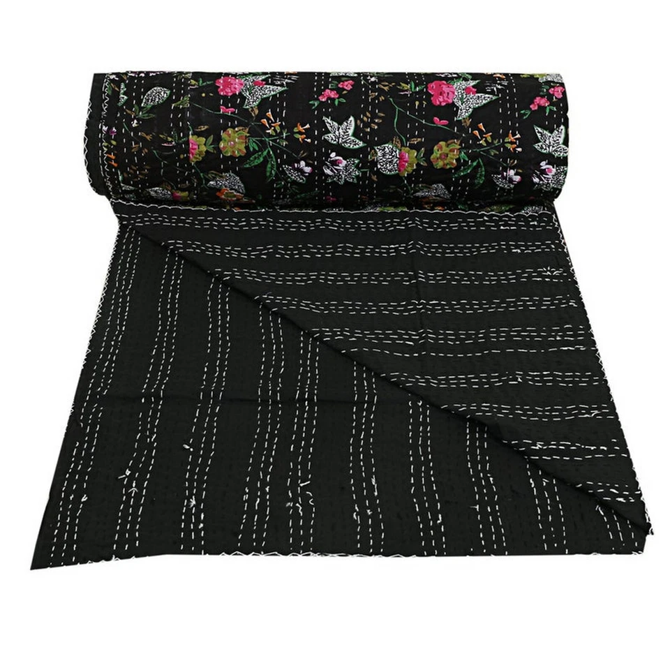 Edredón indio estampado floral Kantha edredón bohomiano hippie cubierta de cama Gudari Foto 2 de 4