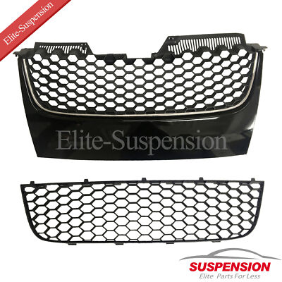 Upper&lower Hex Mesh Gril-Black W/Chrome Trim Fits 06-09 VW Mk5 Jetta/Gli/Gti