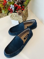 LANDS END Printed Flannel Lined Moccasin Slippers Navy Blue Size 8B