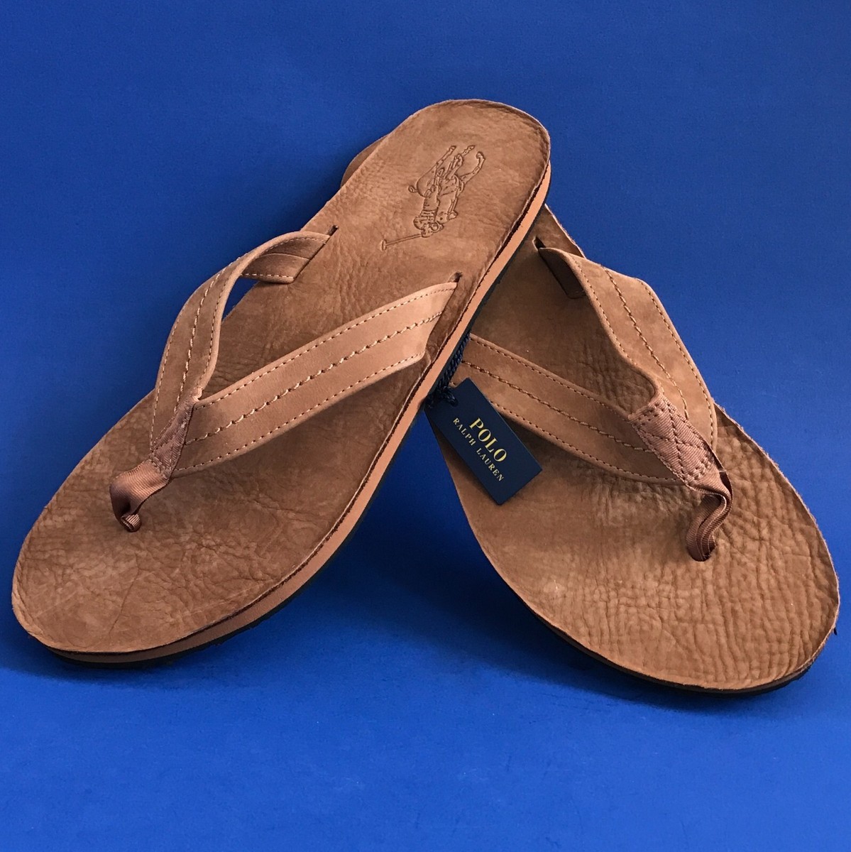 NWT Polo Ralph Lauren Tan Edgemont Big Pony Suede Flip Flop