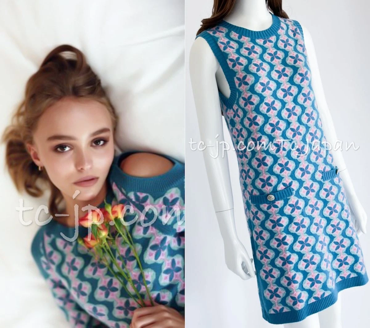 Abito da passerella Chanel senza maniche blu multicolore in maglia di cashmere taglia 3436