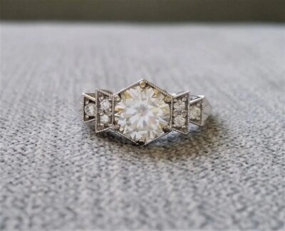 Art Deco Moissanite Engagement Ring 14K White Gold FN Ring Hexagon Diamond Ring