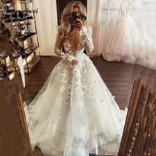 VNeck ALine Wedding Dress Appliques Brides Dress Tulle Long Sleeves Wedding Gown