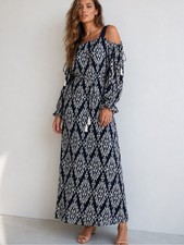 Tory Burch Silk Trim Cold Shoulder Maxi Dress S Blue White Geometric Tassel