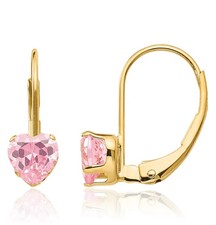 14K Solid Yellow Gold Pink CZ Heart Dangle Earrings