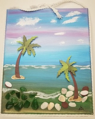 Coastal Scene Canvas 3D Home Decor Shells Sea Glass Art Creations by Nita