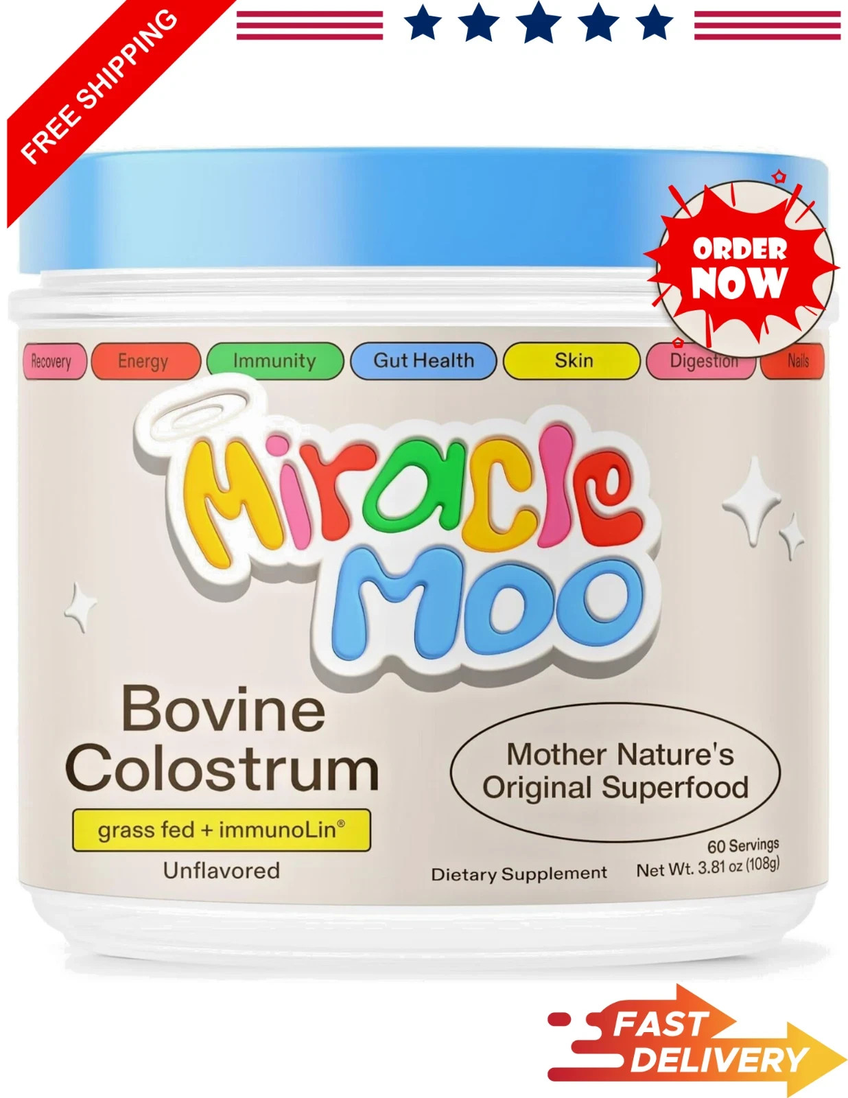 Miracle Moo Bovine Colostrum Powder – Immune & Gut Support, 60 Servings 2027 EXP