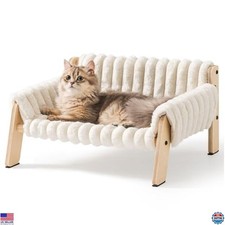 MEWOOFUN Elevated Cat Couch Bed - Stylish Wooden Pet Sofa with Removable Cover