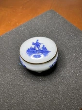 Vintage Blue Delft Holland Windmill Hand Painted 2” Trinket Dish Pill Box