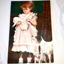 Girl with puppies oil painting hand painted signed vintage 1997 child portrait