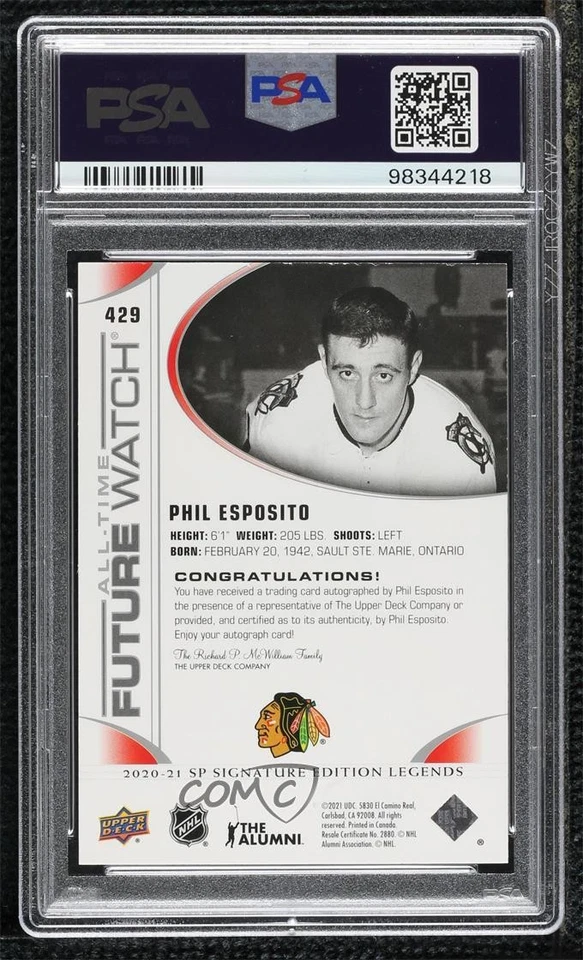 2020-21 Upper Deck SP Signature Edition Legends /99 Phil Esposito PSA 8 Auto HOF - Image 2 of 2