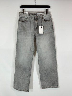 BERSHKA Baggy Damen EU 34 Jeans Wide Leg Grau Faded Zip Fly