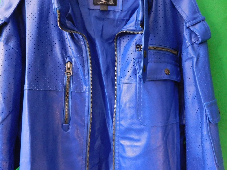 Chaqueta de Moto AZUL CRUDO (Color Azul) Para Hombre 2XL – Rara Ropa de Calle Y2K Imitación Cuero Foto 2 de 4