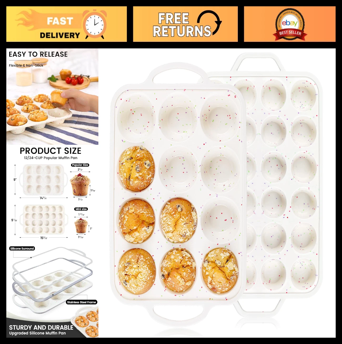 2-Pack Silicone Muffin Pan Set - 12 Cup & Mini 24 Cup Nonstick Bakeware, BPA Fre