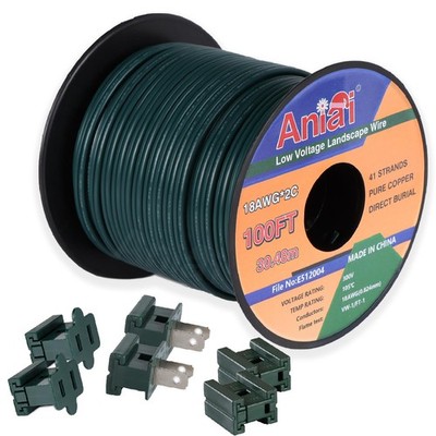 18/2 SPT-2 Wire 100FT With 6 PCS Vampire Plugs Low Voltage Landscape Green