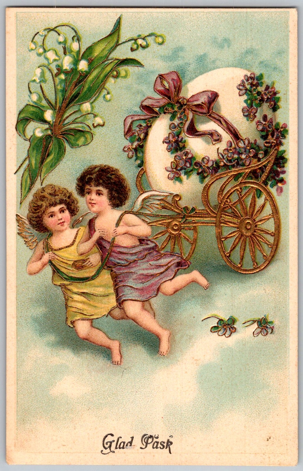 Antique Postcard Cherubs Pulling Egg Cart Sweden 1910s