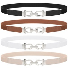 4 Pack Women Skinny Elastic Belts Gold Buckle Thin Stretchy Waist Belts for D...