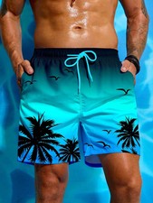 Summer Vacation Men's Palm Tree Print Drawstring Waist Board Shorts Fashion Swim