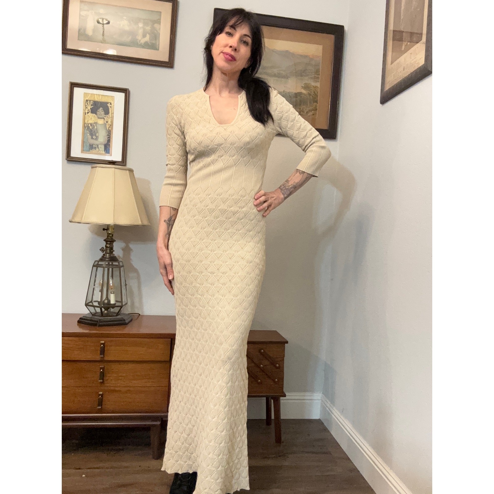 Alexander McQueen long ribbed leaf knit gown cream dress 2014 designer fitted