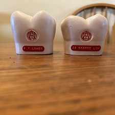 A pair of vintage Trubyte dental sample teeth paperweights — industrial dental artifacts repurposed as the most unsettling desk accessories imaginable.