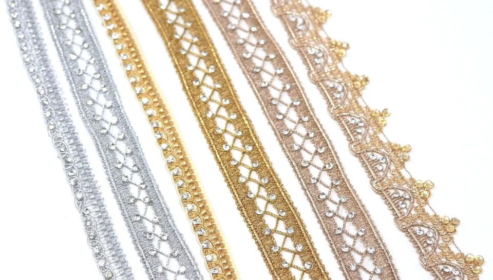 FEATHERS CREATION LTD FCL 2Y Metallic colors Rhinestone Zari Lace Trim Edging border SewOn Embellish