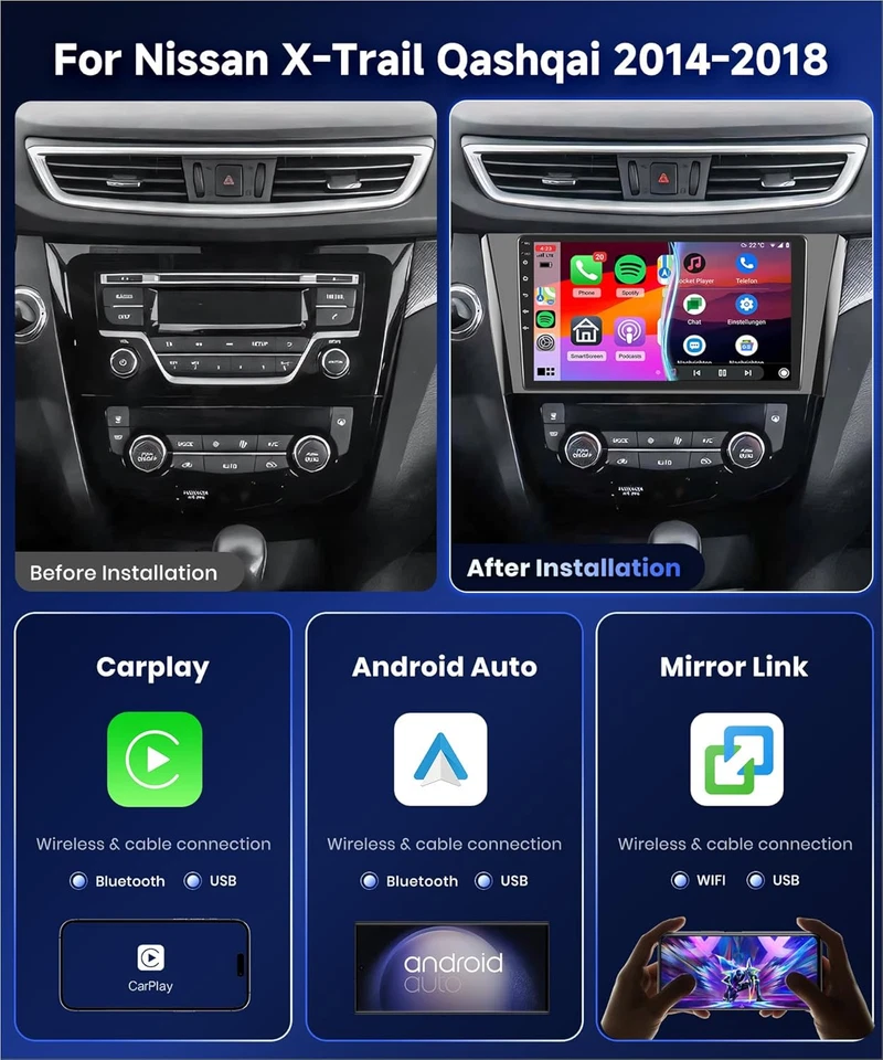 6G+128GB Für Nissan Qashqai X-Trail T32 2013-17 Autoraido Android14 CarPlay WIFI - Bild 2 von 4