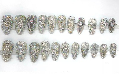 Handmade Custom Press On Nails Med Long Almond UV Gel Gems Silver Metallic Bling
