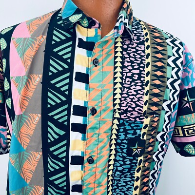 B Fresh Hawaiian Aloha Style XL Shirt Geometric Multi Color Pocket