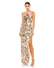 Mac Duggal 10903 Floral Sequined One Shoulder Column Gown Sz 0 Nude Multi