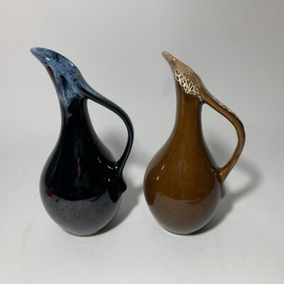 TWO Van Briggle Pottery Pitcher Ewers - Brown flow and Black flow glazes