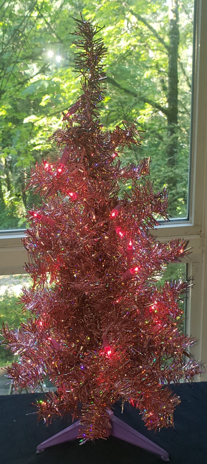 Table Top Rose Gold Tinsel Christmas Tree Pink Prelit Decor 24" Tall 11