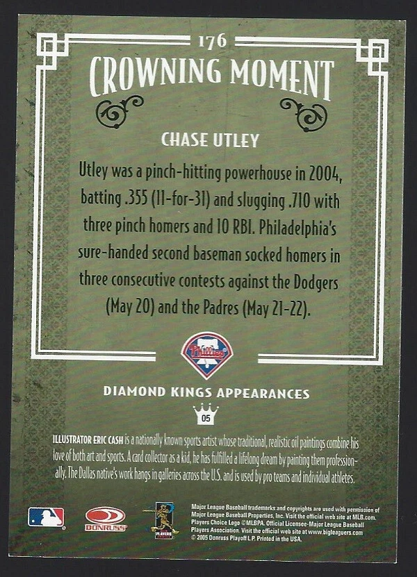 Tarjeta de béisbol 2005 Donruss Diamond Kings enmarcada roja #176 Chase Utley - Filis Foto 2 de 2