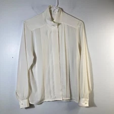 Womens Vintage Victorian High Collar Pleat Front Button Shirt Ivory M
