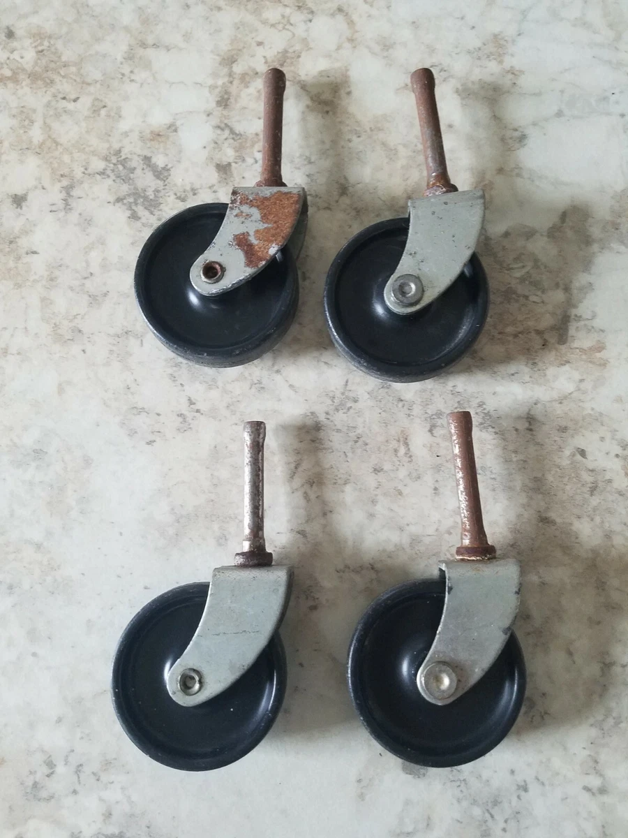 4x Vintage Metal Stem Casters 2 Black Plastic Wheels Baby Bed