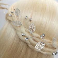 Hair vine with leaves and rhinestones, Bridal silver hair vine