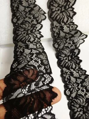 MARKENLOS 10m/1m elegante Nylon Spitze Borte elastisch sattes Schwarz 7,4cm NR