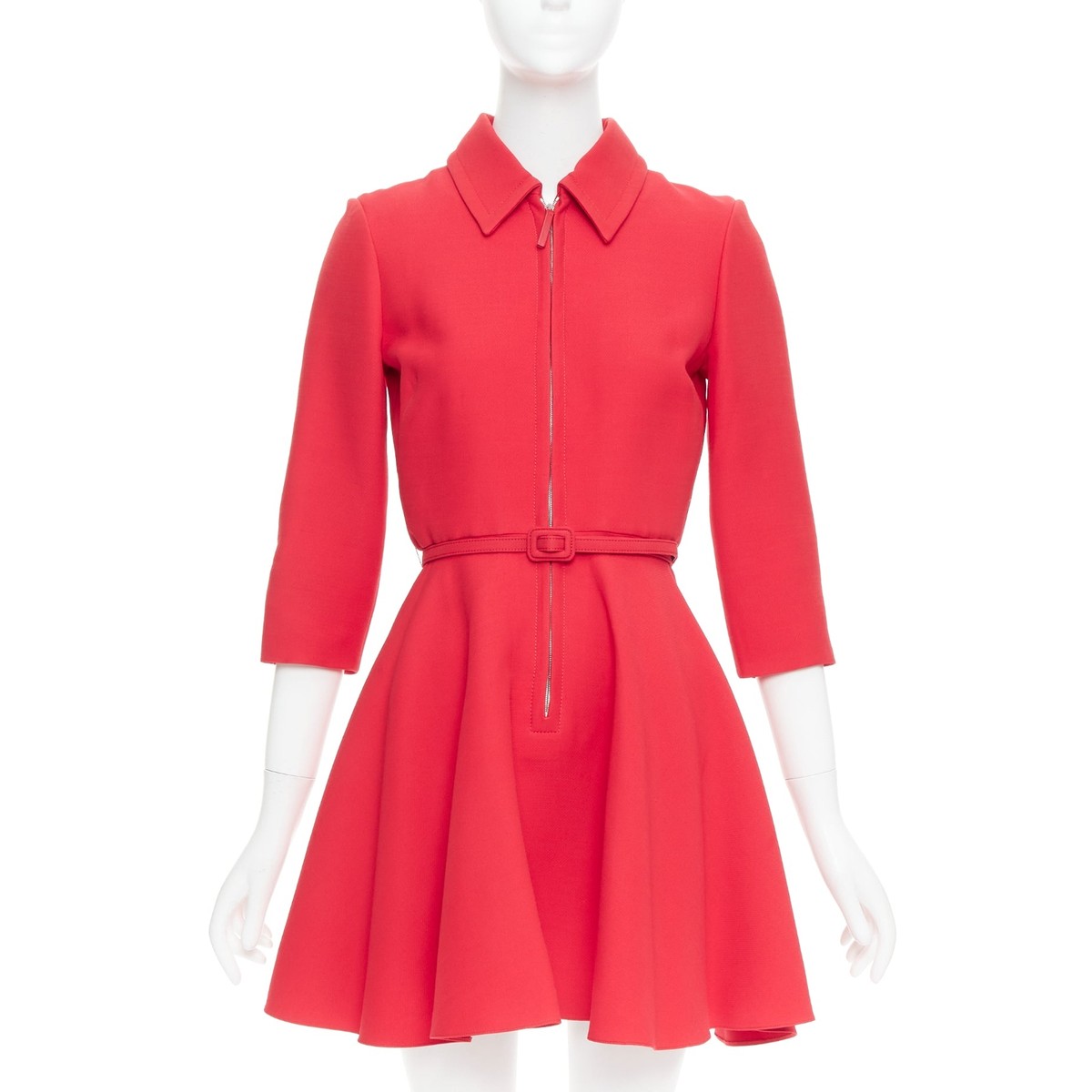 CHRISTIAN DIOR 2019 red wool silk half zip belted flare dress FR36 S