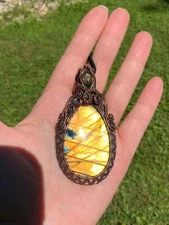 Huge Yellow Labradorite Pendant Necklace Copper Handcrafted