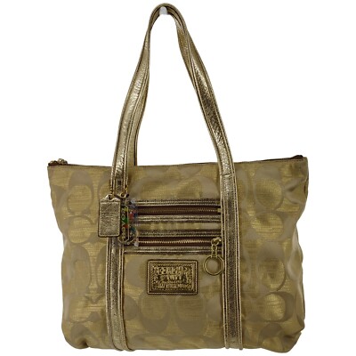 COACH 13826 Poppy Gold Signature Monogram Logo Jacquard Glam Tote