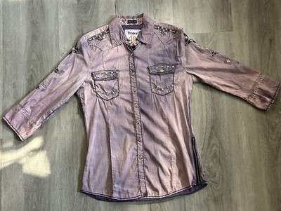 Destined To ROAR Women s Purple Western Shirt Distressed Cowgirl Side Zip Large