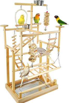 Bird Playground - Natural Wood Parrot Playstand with Perches, Bird Play Gym & Ac